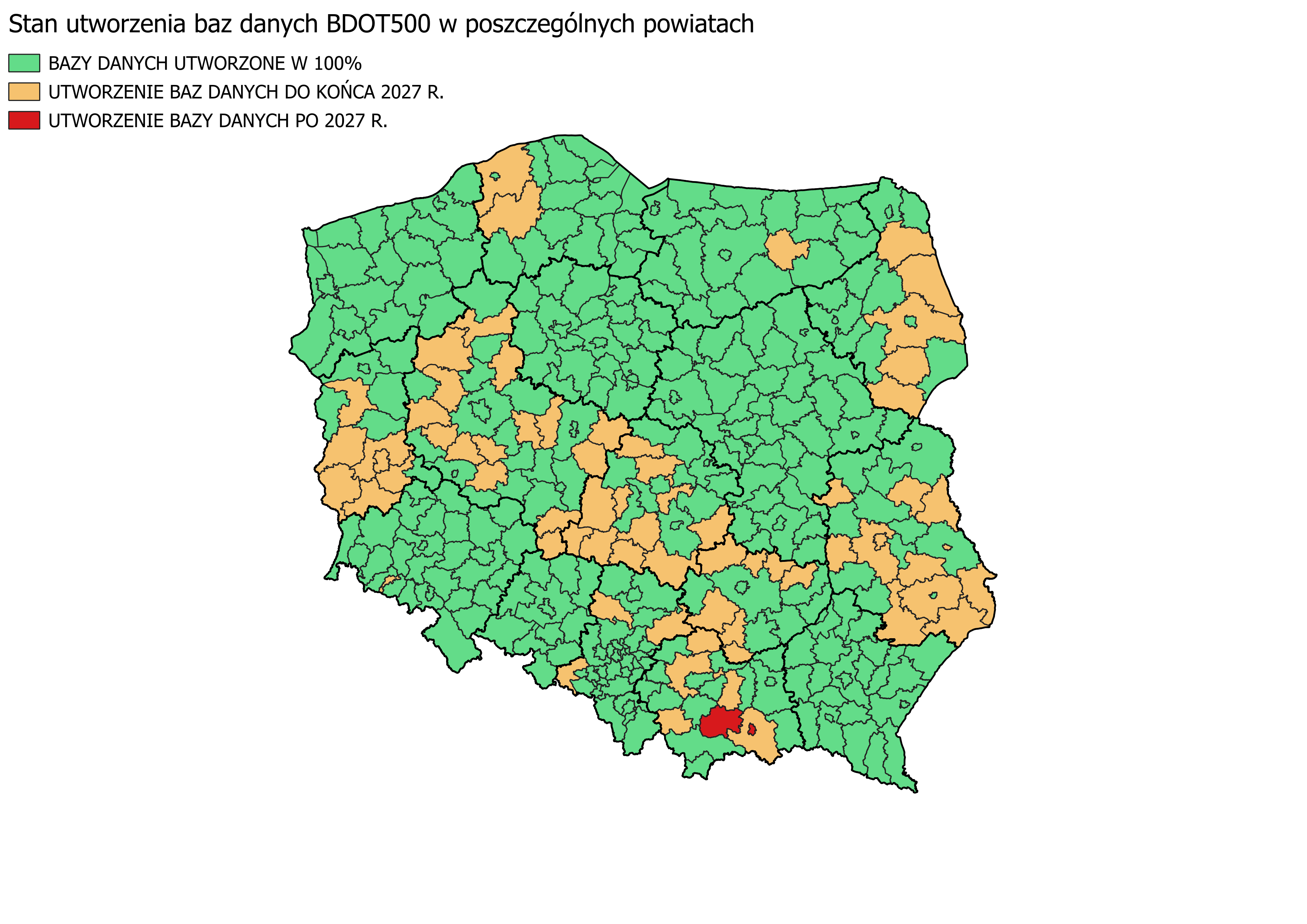 Ilustracja przedstawia mapę Polski obrazującą stan utworzenia baz danych BDOT500 w poszczególnych powiatach kraju.