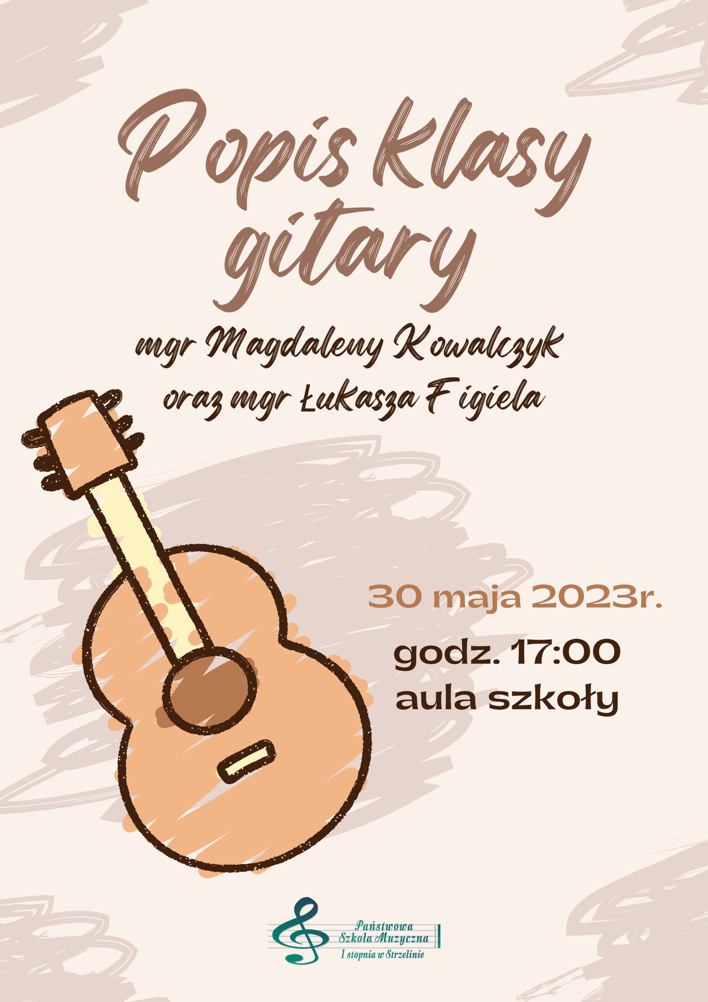 W centrum plakatu znajdują się informacje dotyczące wydarzenia oraz grafika gitary na jasnym tle. 