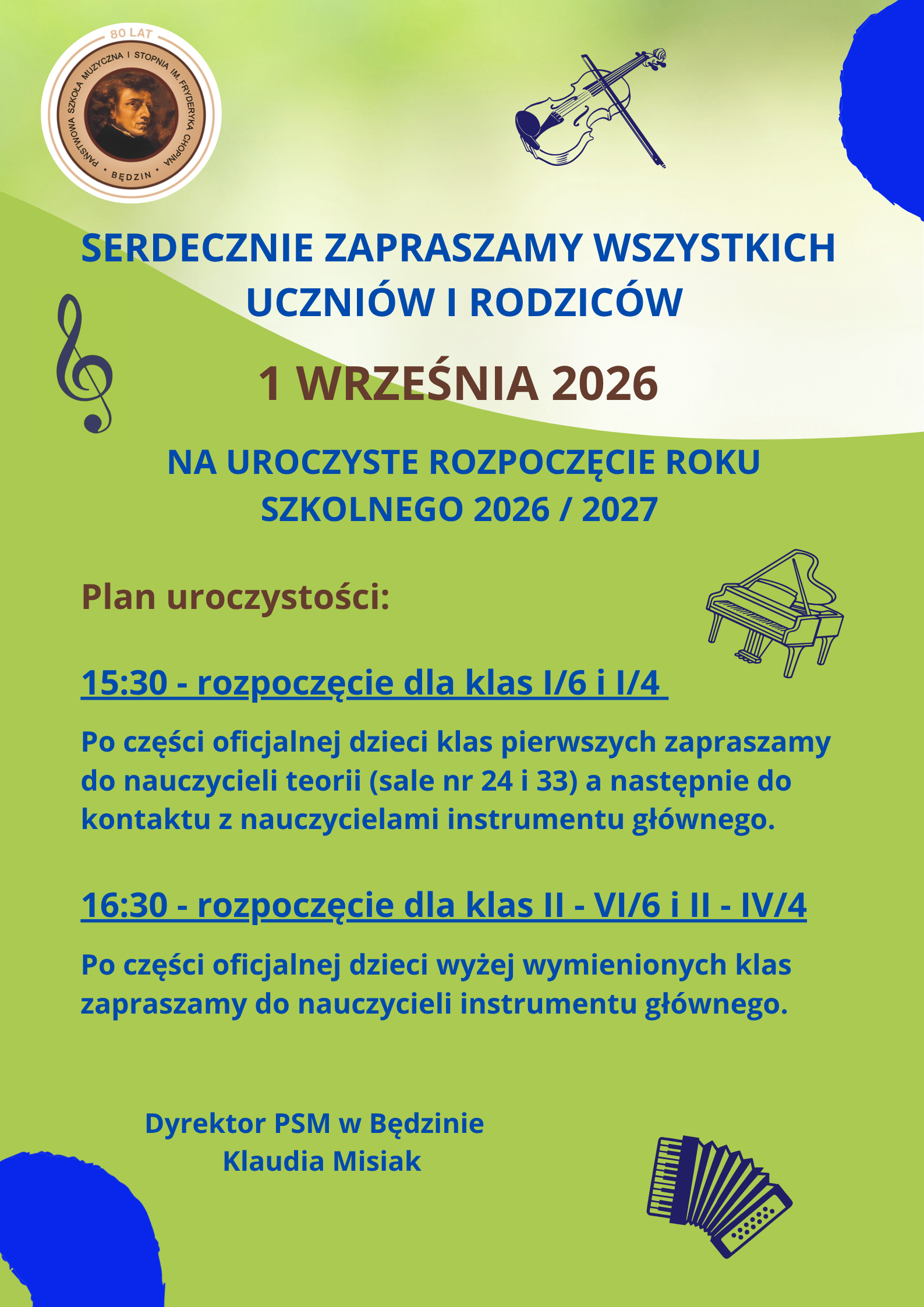 plakat na zielonym tle, opisy na środku