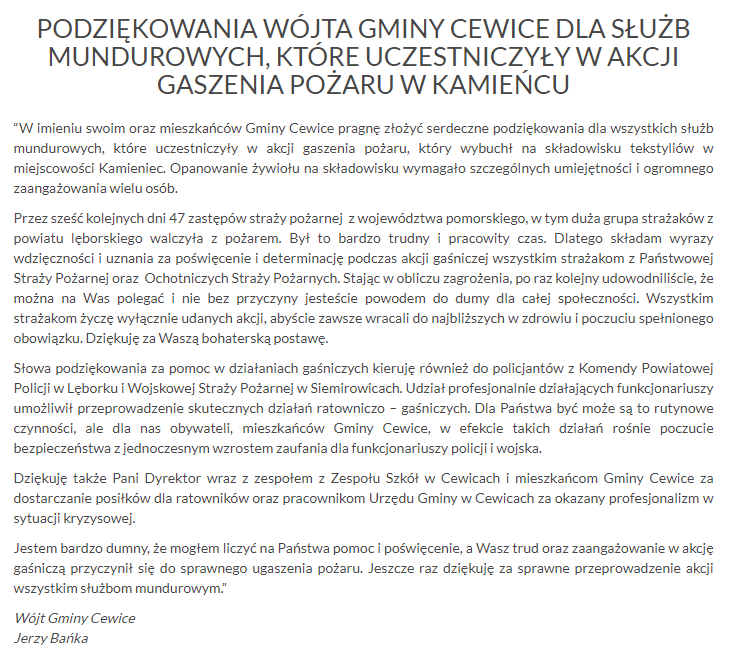 Podziękowania Wójta Gminy Cewice