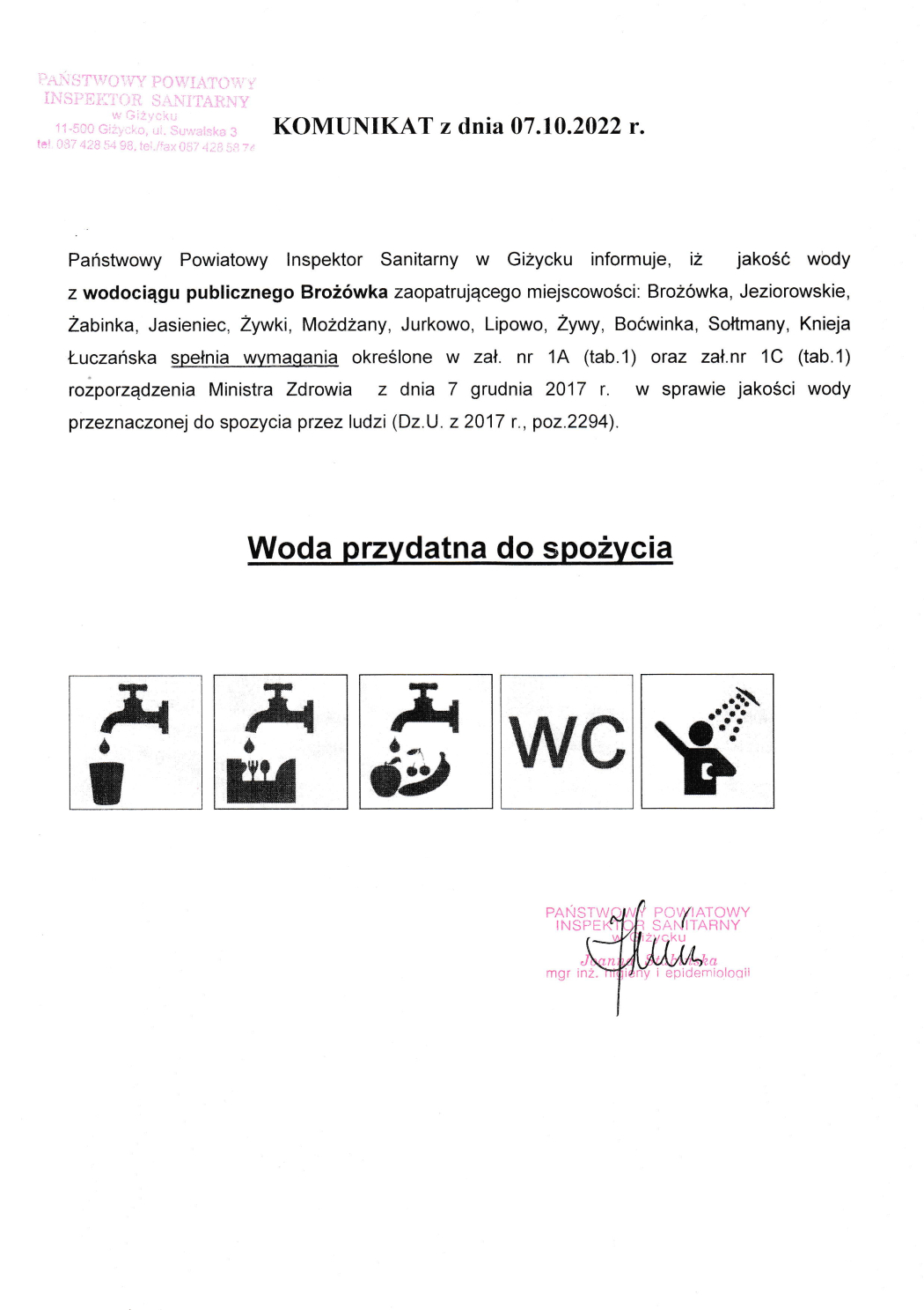 Komunikat z dnia 07.10.2022 r. (dot. wodociągu publicznego Brożówka)