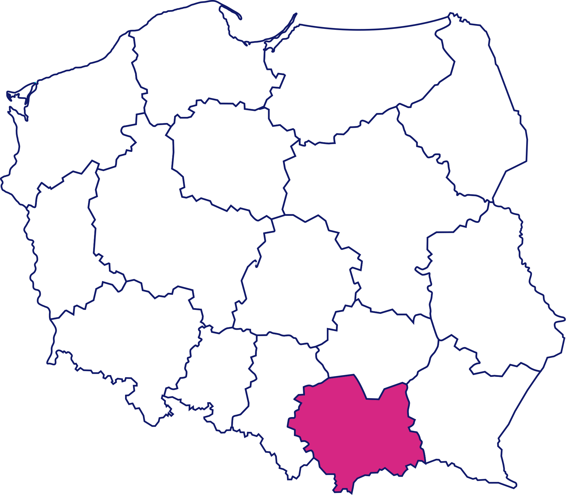 Mapa Polski z wyróżnionym na różowo województwem małopolskim