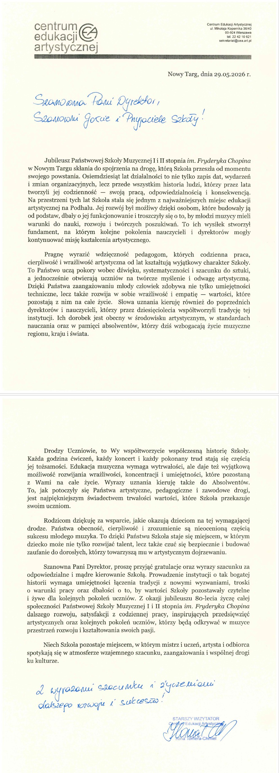 List Gratulacyjny pani Ilony Tomery-Chmiel wizytator Centrum Edukacji Artystycznej regionu krakowskiego z okazji 80-lecia PSM w Nowym Targu