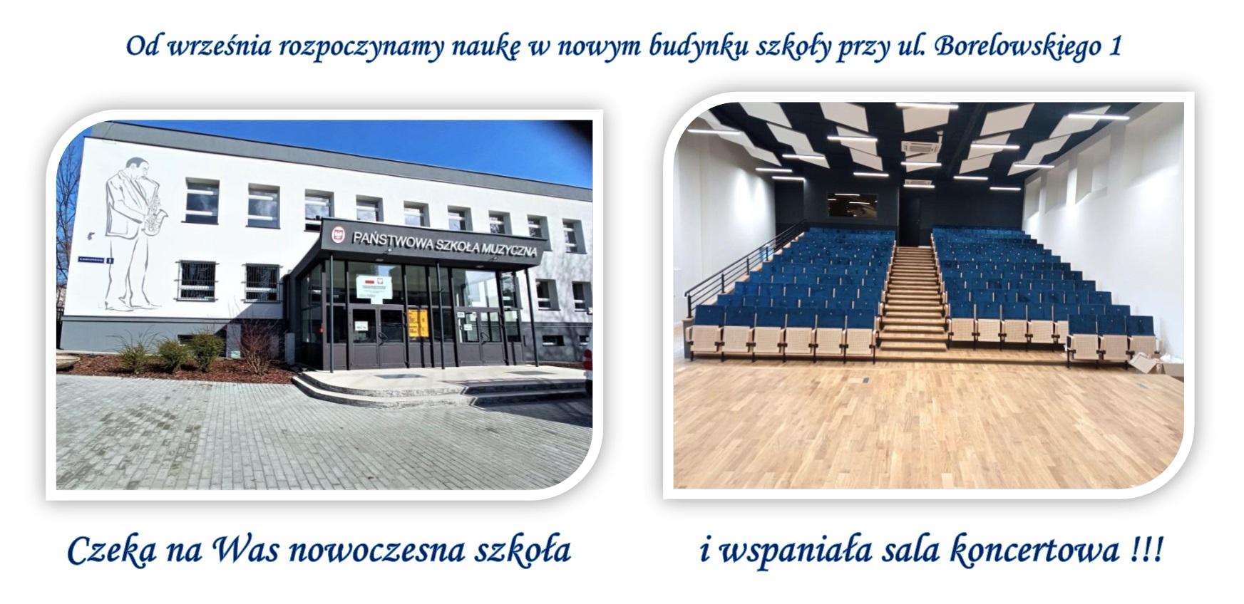 Zdjęcia wejścia do nowego budynku szkoły oraz sali koncertowej