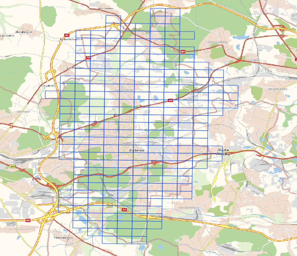 Ilustracja przedstawia zrzut ekranu ze skorowidzami prezentującymi zakres nowo przyjętej ortofotomapy dla miasta Zabrze