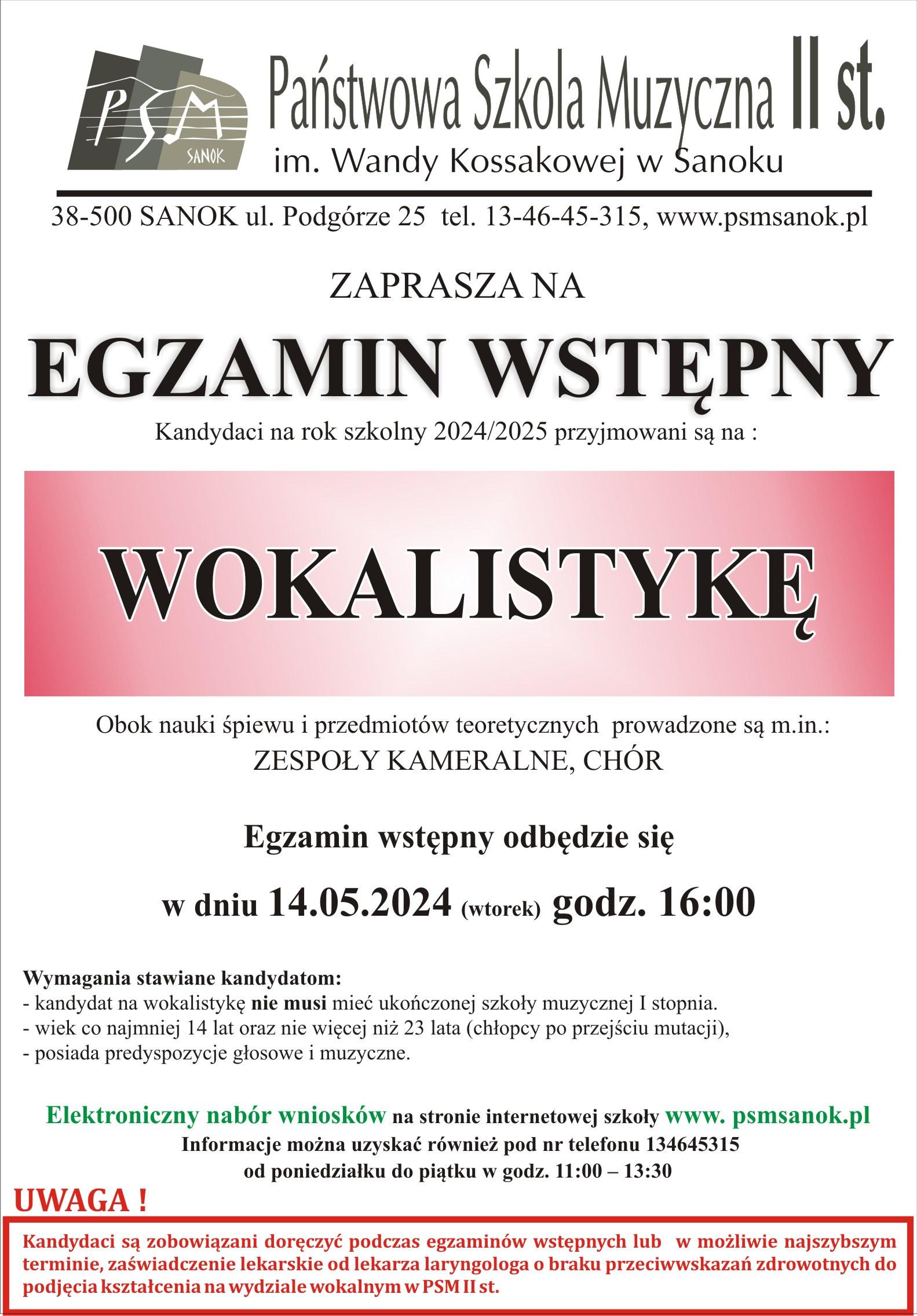 Plakat - Zapisy II st. wokalistyka. Dane dotyczące wymagań do egzaminu dla kandydatów na wokalistykę.