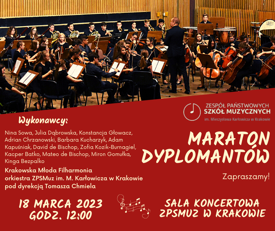 Maraton Dyplomantów, koncert solistów, Dyplomantów z orkiestrą szkolną. 12 solistów. Trzeci koncert z cyklu poranków muzycznych kmf.