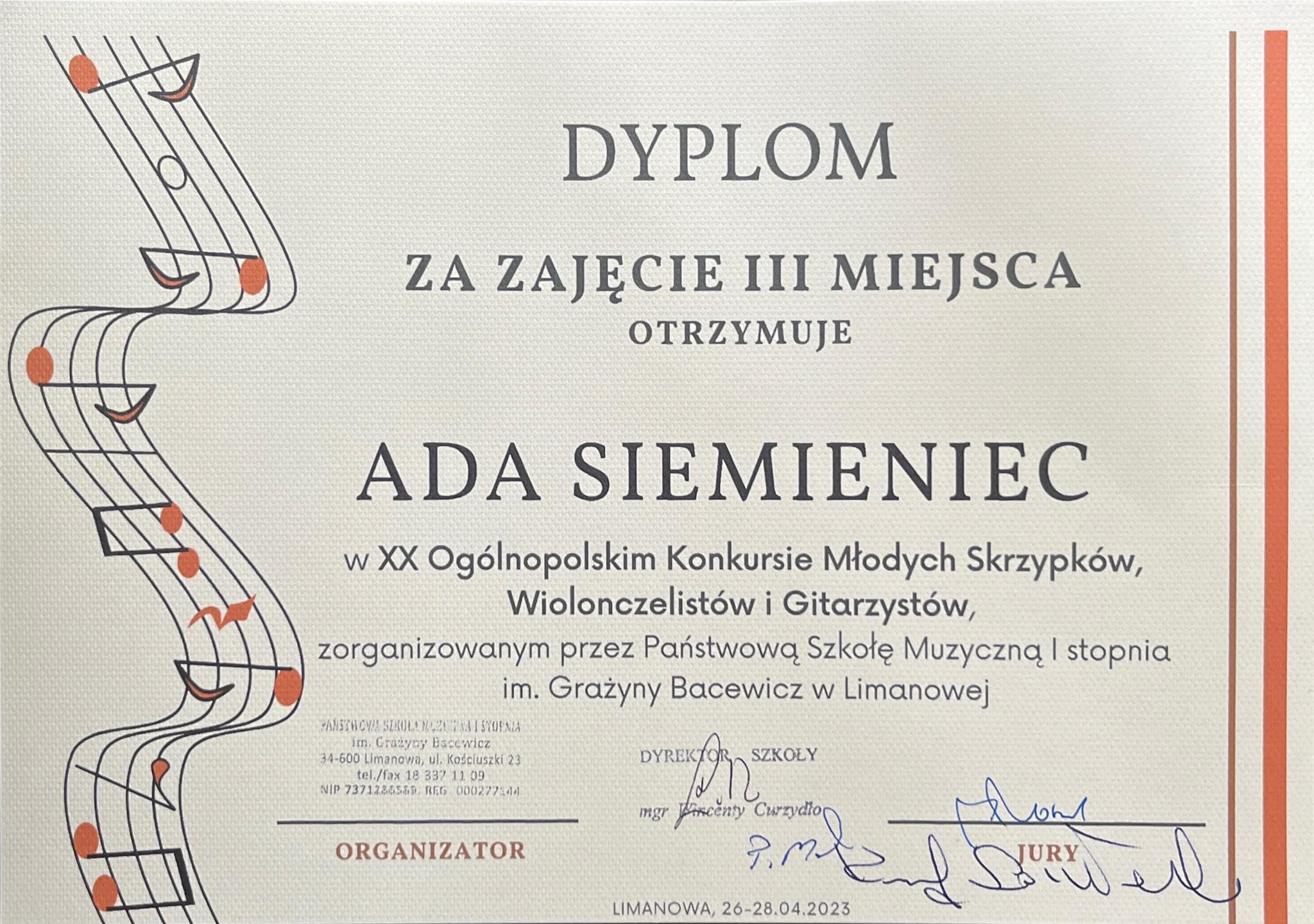 dyplom z konkursu Ady Siemieniec