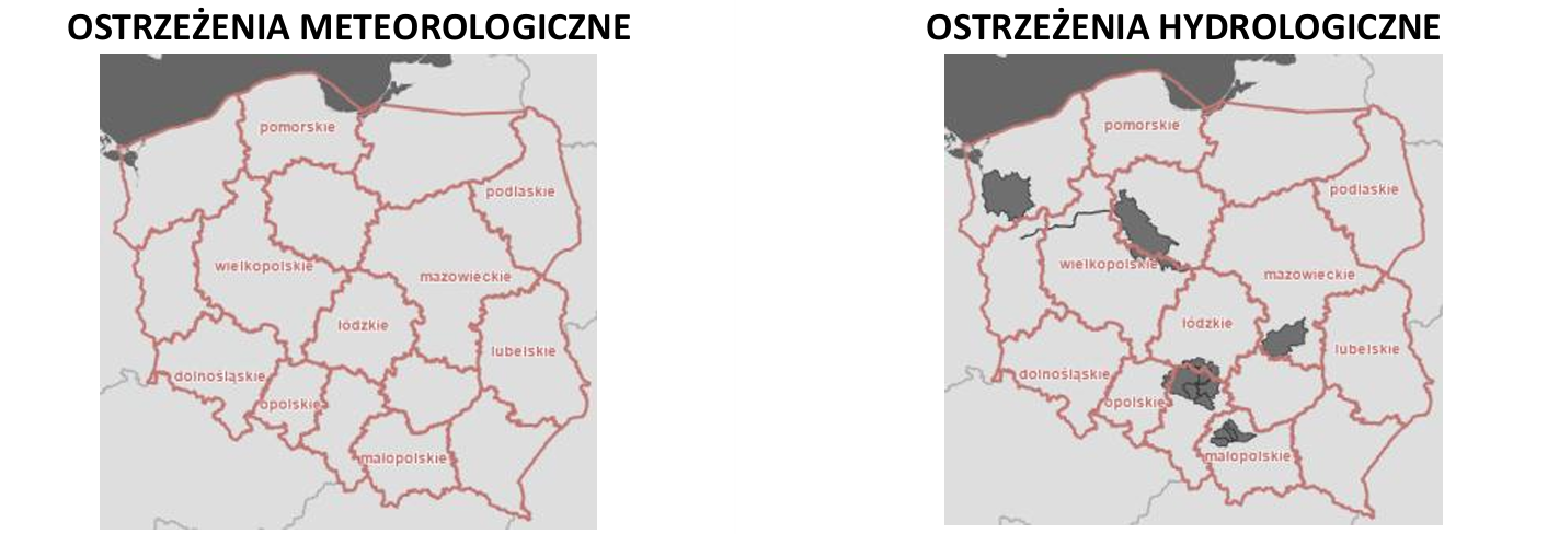 Informacja o miejscach, w których został osiągnięty lub przekroczony stan ostrzegawczy i alarmowy 4 maja. Wartości liczbowe są wyrażone w centymetrach.