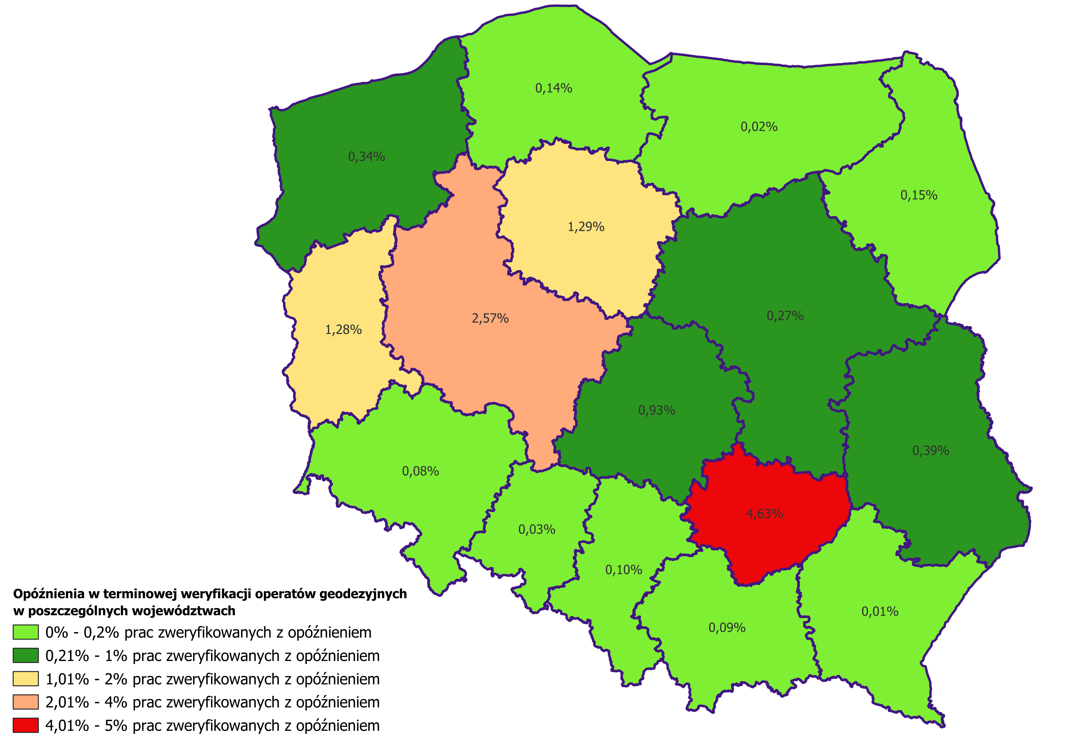 Ilustracja przedstawia mapę Polski obrazującą opóźnienia w terminowej weryfikacji operatów geodezyjnych w poszczególnych województwach. Kolorystyka została zróżnicowana stopniowo, począwszy od koloru zielonego oznaczającego najmniejsze opóźnienia, zakończywszy na kolorze czerwonym oznaczającym największe opóźnienia