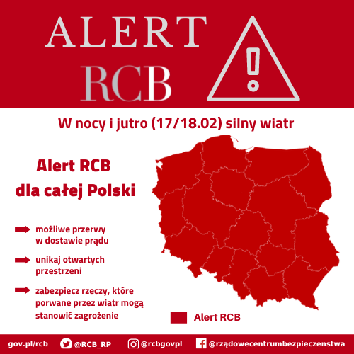 Alert RCB - 17 lutego - silny wiatr.