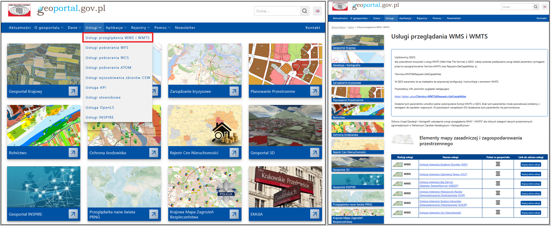 zrzut prezentujący stronę geoportalu krajowego, na której zamieszczono adresy usług integrujących oraz ich opis.