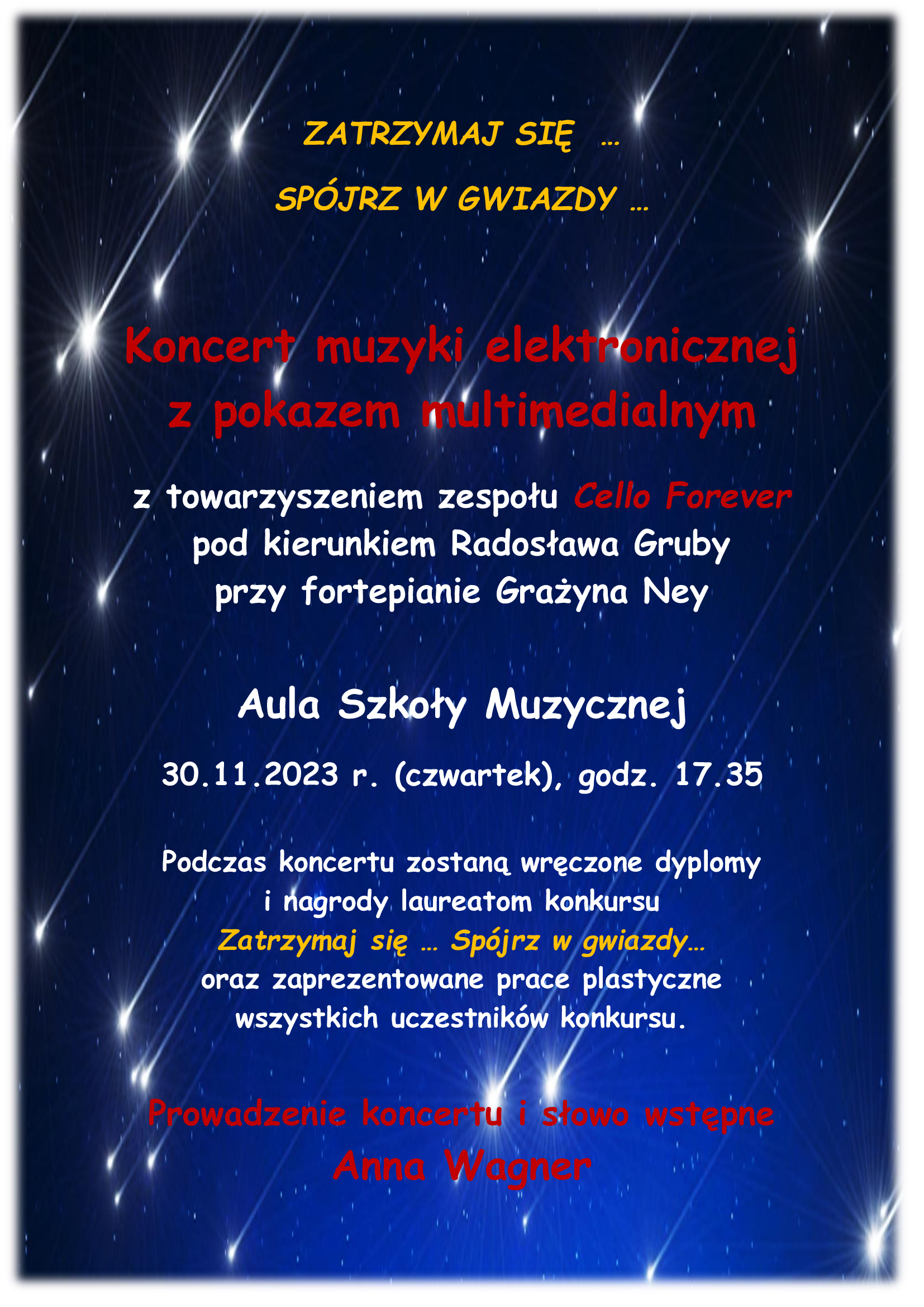Na tle niebieskiego nieba z rozświetlonymi gwiazdami inforacja o koncercie muzyki elektronicznej wraz z pokazem multimedialnym.