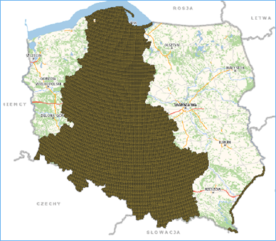 Ilustracja przedstawia zasięg dostępności modelu NMT 5m dla obszaru Polski.