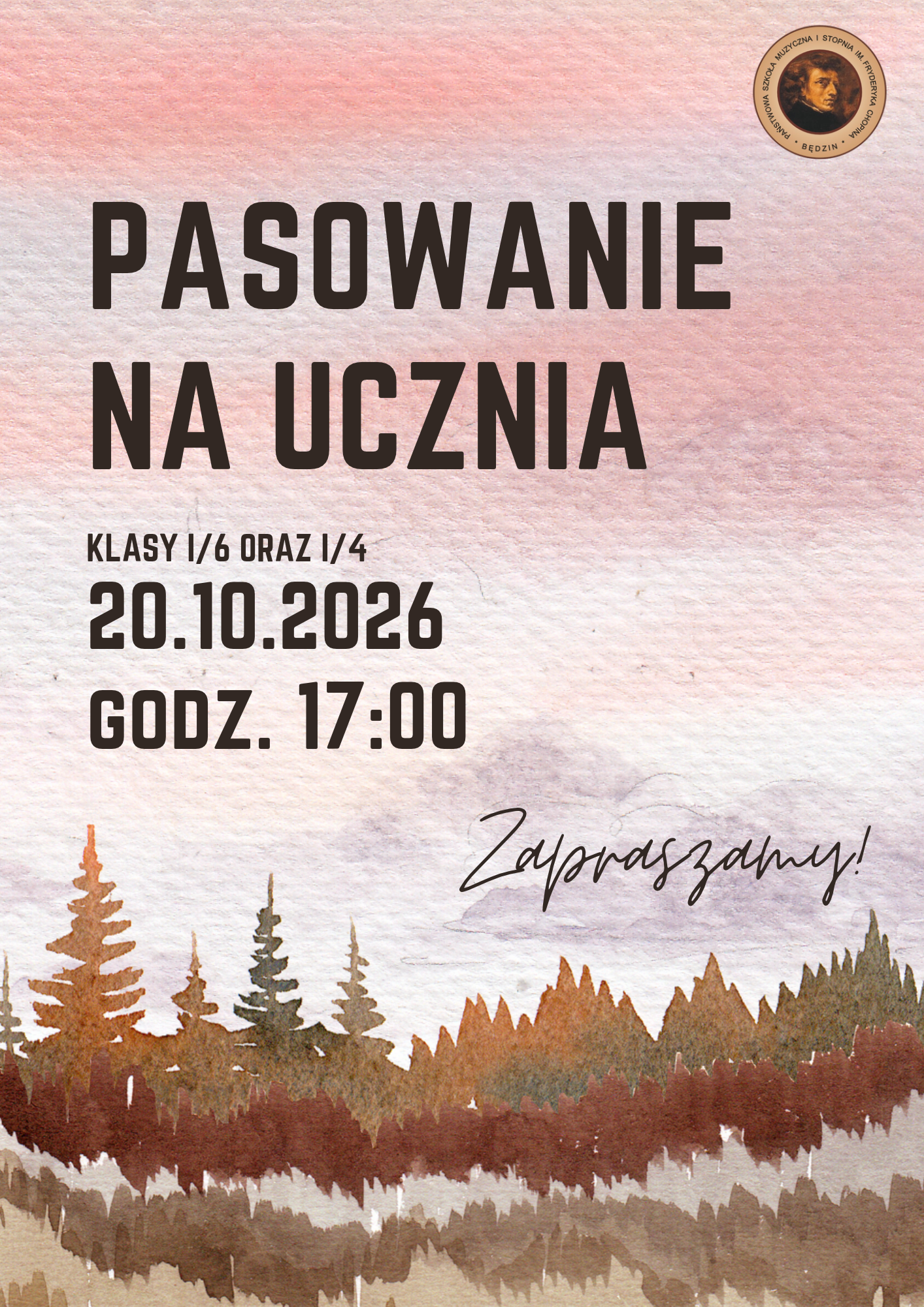 plakat na różowo - fioletowym tle, na środku napisy, od góry logo, na dole ikony drzew leśnych