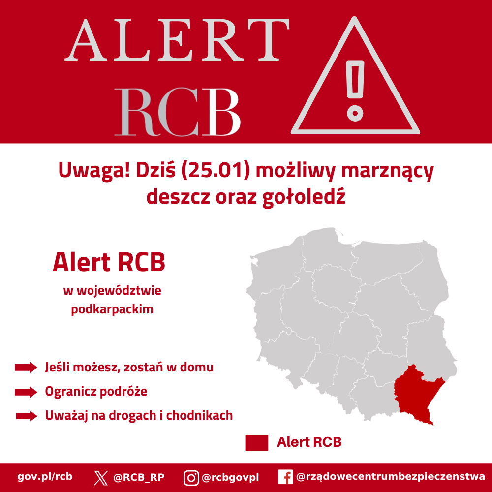 Alert RCB o treści: „Uwaga! Dziś (25.01) możliwy marznący deszcz oraz gołoledź. Jeśli możesz, zostań w domu. Ogranicz podróże. Uważaj na drogach i chodnikach”. Alert wysłano 25 stycznia 2026 roku do odbiorców na terenie województwa podkarpackiego.