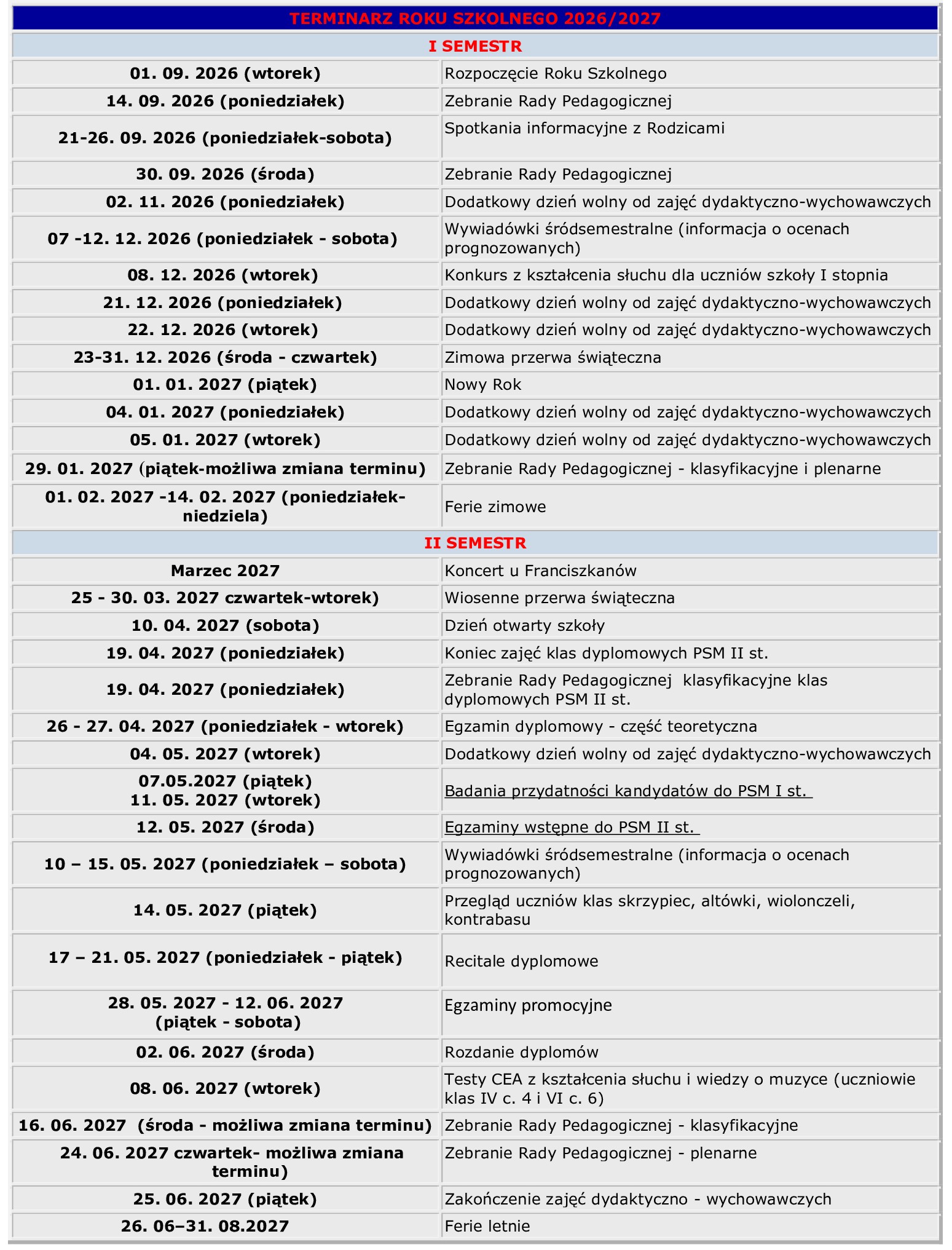 Terminarz Roku Szkolnego 2026 2027