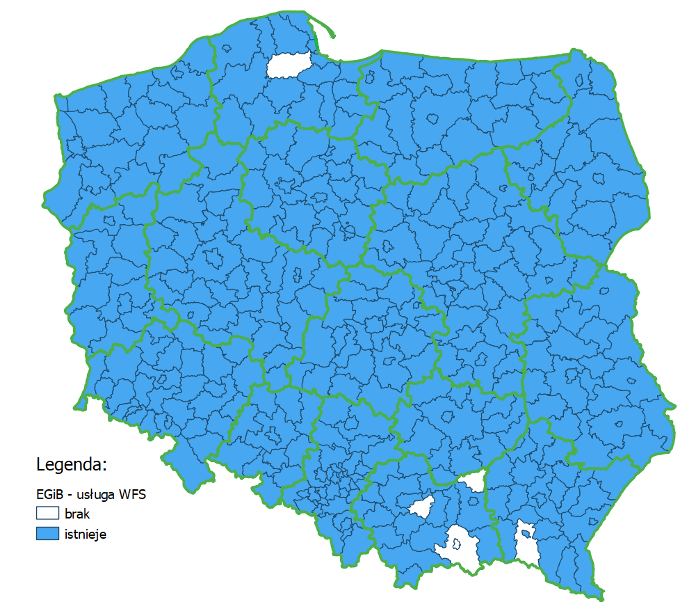 Rys. 1 Ilustracja przedstawia mapę Polski z podziałem na powiaty, na której zaznaczone kolorem niebieskim są powiaty umożliwiajace pobieranie pobieranie danych dotyczących geometrii działek i budynków.