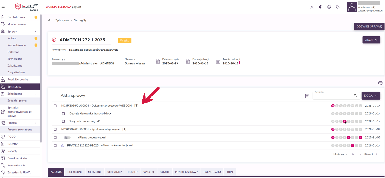 Widok sprawy w EZD RP – uzupełniony o dokument, metadane oraz załączniki pochodzące z procesu WEBCON.