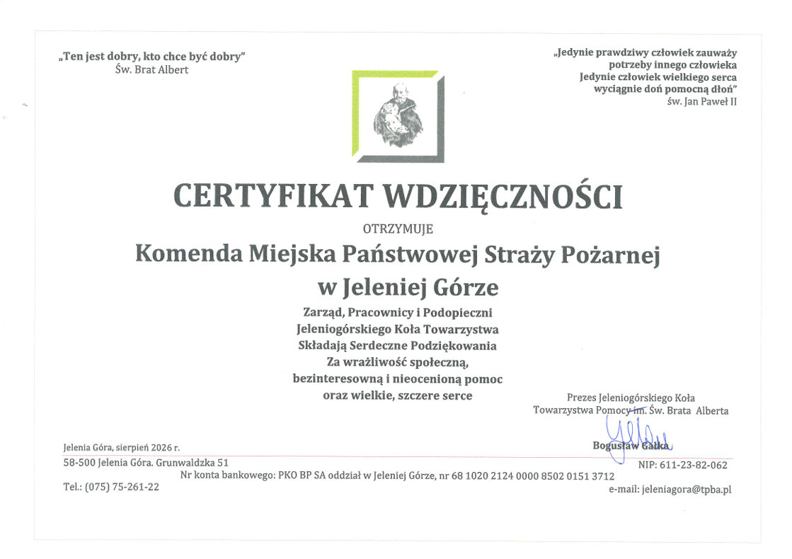 Certyfikat wdzięczności dla Komendy Miejskiej Państwowej Straży Pożarnej w Jeleniej Górze