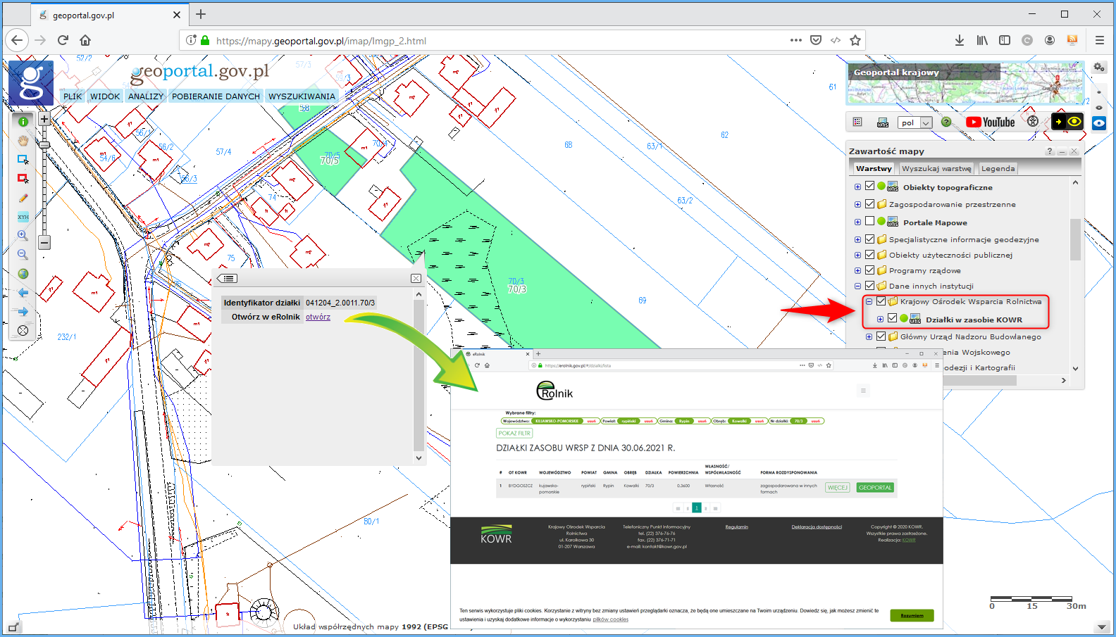 Ilustracja przedstawia lokalizację nowej warstwy "Działki w zasobie KOWR" wraz prezentacją jej treści. Ponadto zostało zaprezentowane bezpośrednie przejście z serwisu www.geoportal.gov.pl do portalu erolnik.gov.pl.