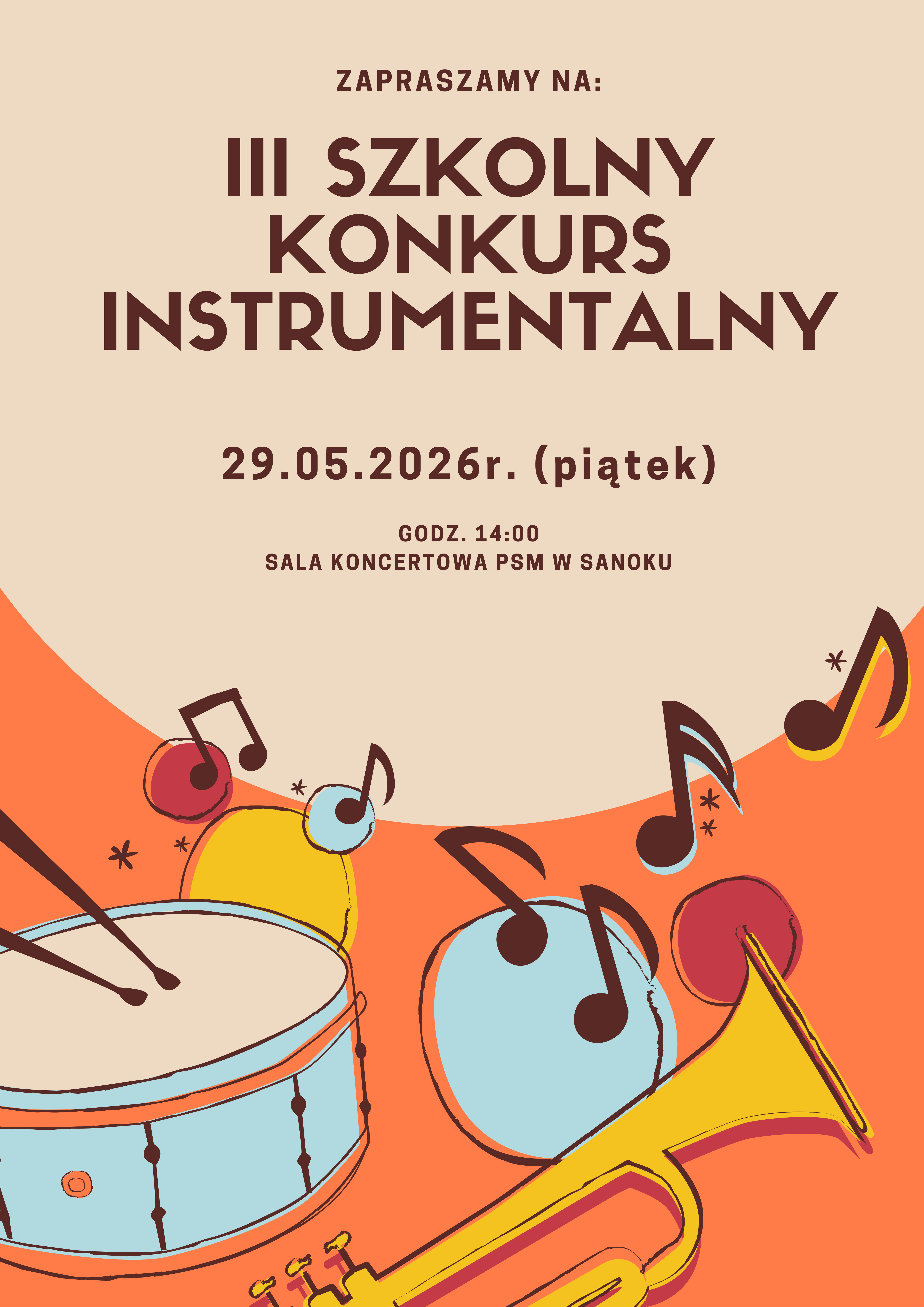 Plakat Szkolny Konkurs Instrumentalny 2026. Instrumenty na pomarańczowym tle, brązowe litery.