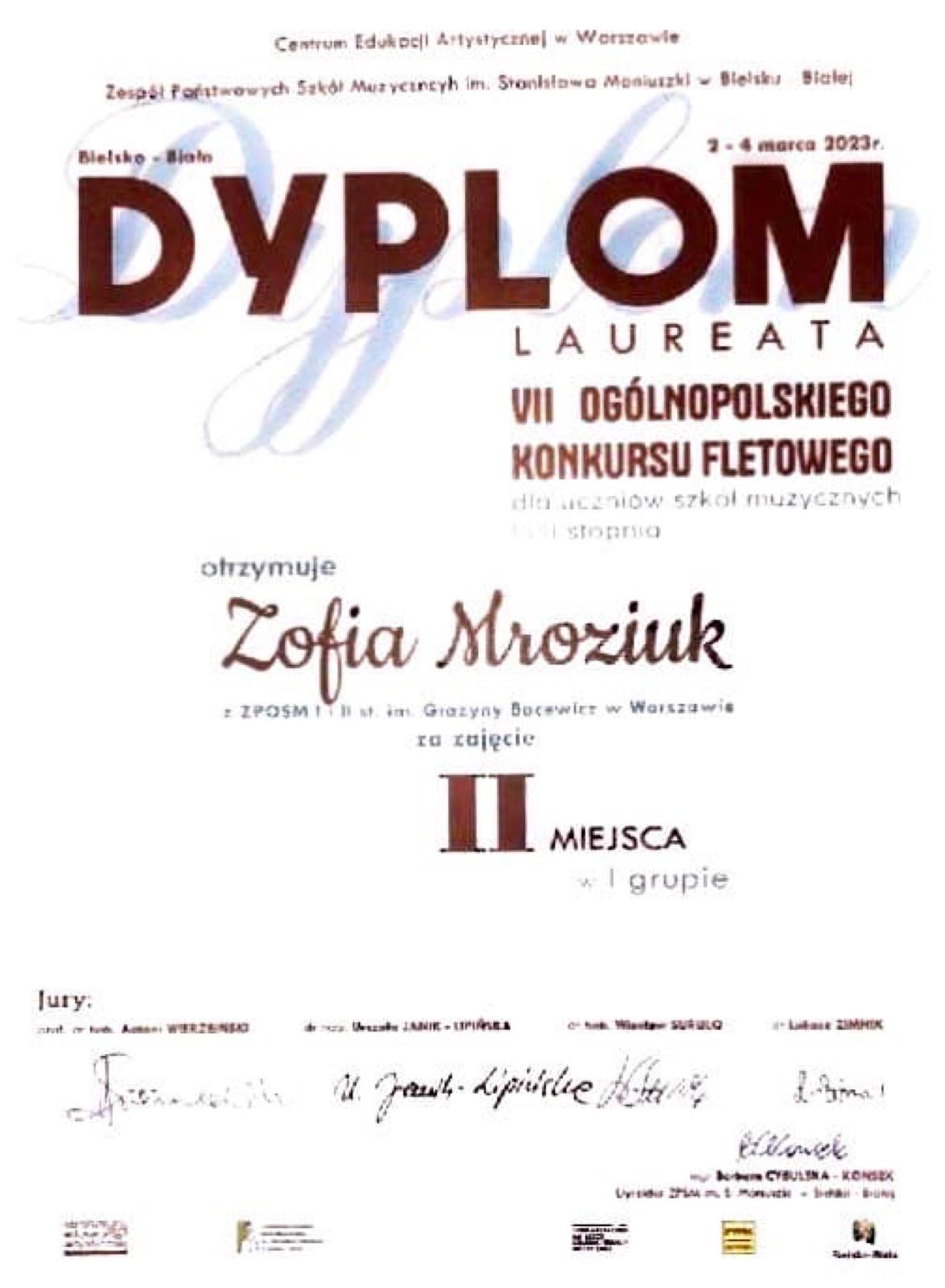 Dyplom dla Zofii Mroziuk