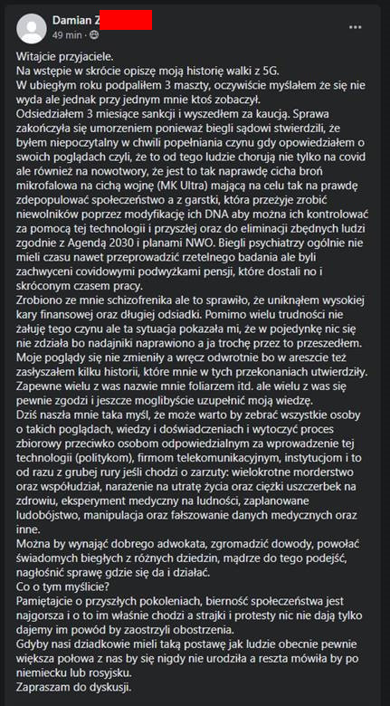 Wpis na FB dotyczący podpaleń masztów (omówiony w tekście) - ilustracja.