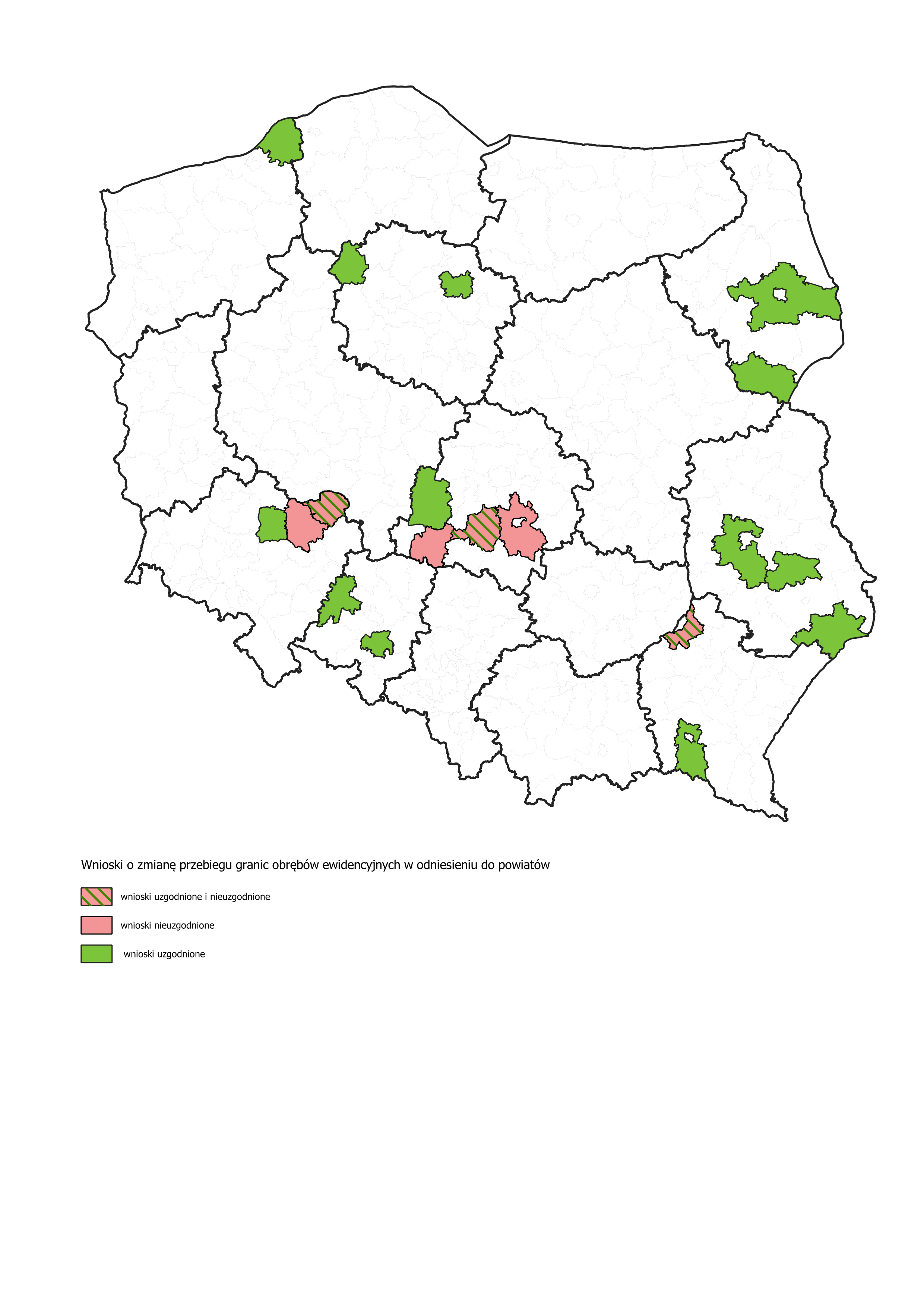 Ilustracja przedstawia mapę powiatów, dla których uzgodniono bądź nie uzgodniono zmiany granic obrębów ewidencyjnych