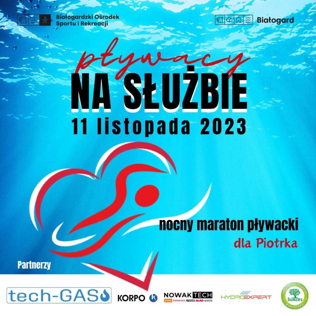 Plakat promujący maraton pływacki. Odcienie białe i niebieski , widoczna data i termin wydarzenia.