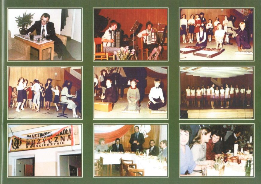 Na zielonym tle przedstawiono 12 ujęć z historii szkoły. Zdjęcia rozmieszczono w trzech wierszach po trzy w każdym. Na zdjęciach przedstawiono uczniów i nauczycieli szkoły z lat, kiedy dyrektorem był Pan Stanisław Kroskowski.