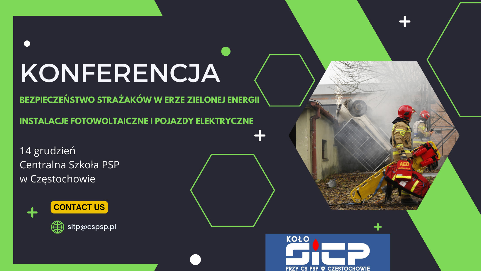Baner konferencji pod nazwą „Bezpieczeństwo strażaków w erze zielonej energii: instalacje fotowoltaiczne i pojazdy elektryczne”