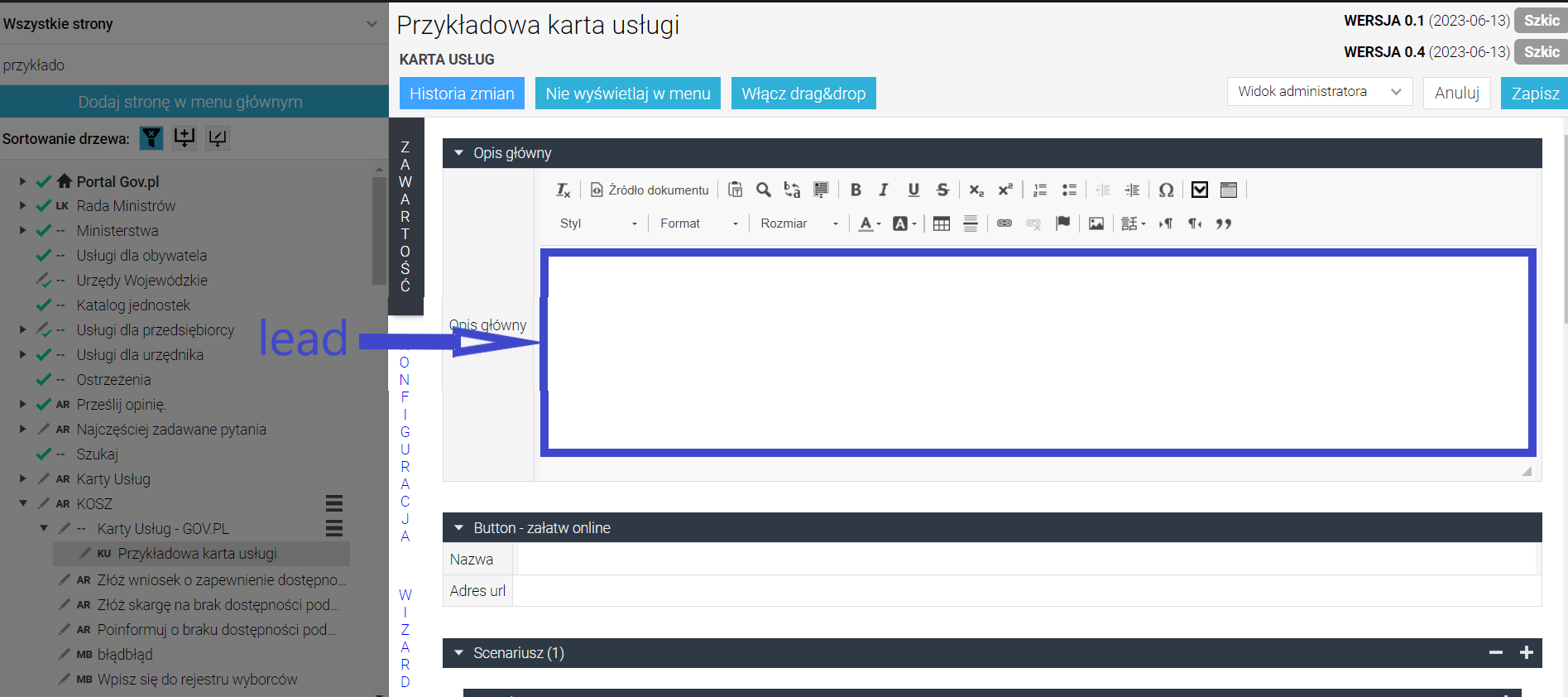Lead karty usługi