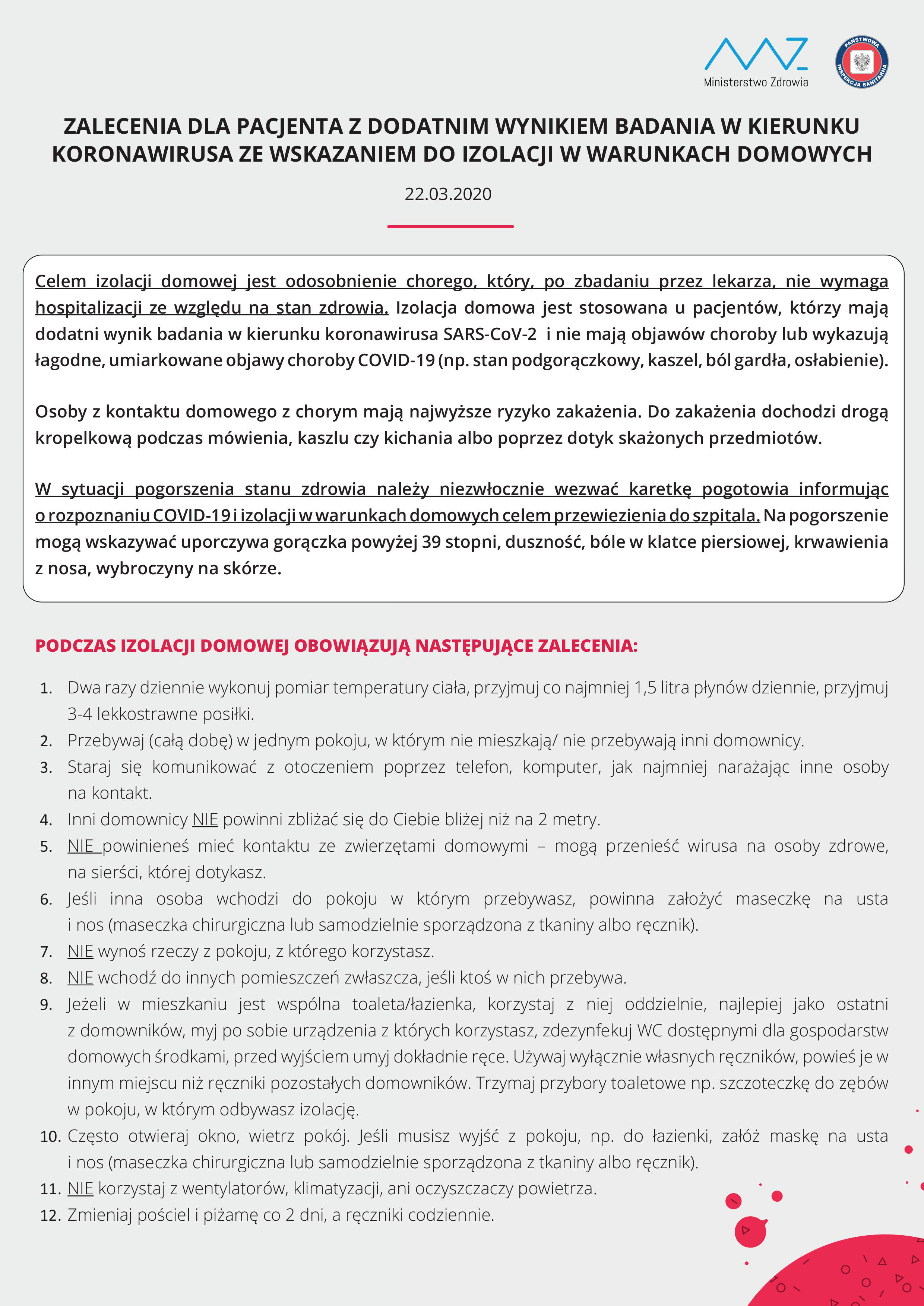 Zalecenia dla pacjetna z dodatnim wynikiem badania w kierunku koronawirusa