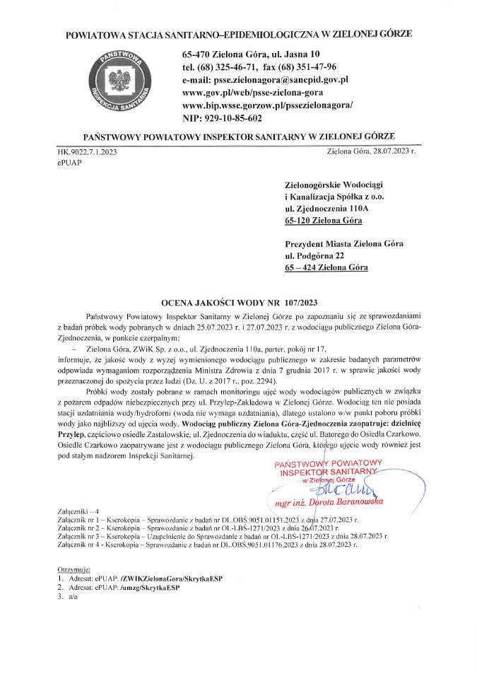 Ocena jakości wody Nr 107/2023 Zielona Góra - Zjednoczenia