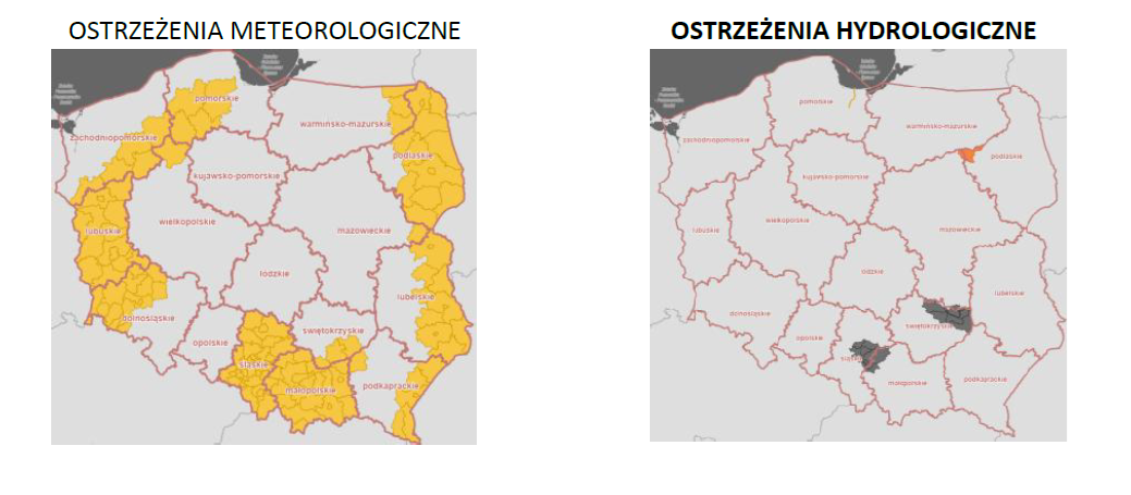 Mapa z obszarami objętymi ostrzeżeniami