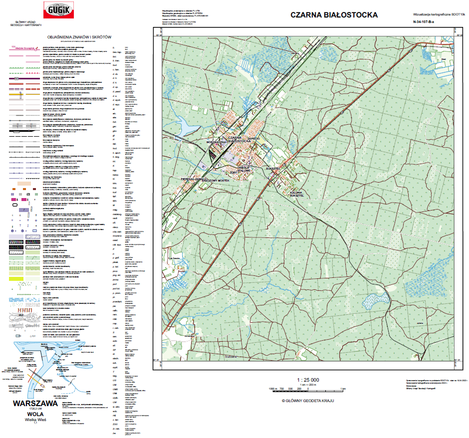Ilustracja przedstawia przykładową wizualizację kartograficzną BDOT10k w skali 1:25000 dla miasta Czarna Białostocka.