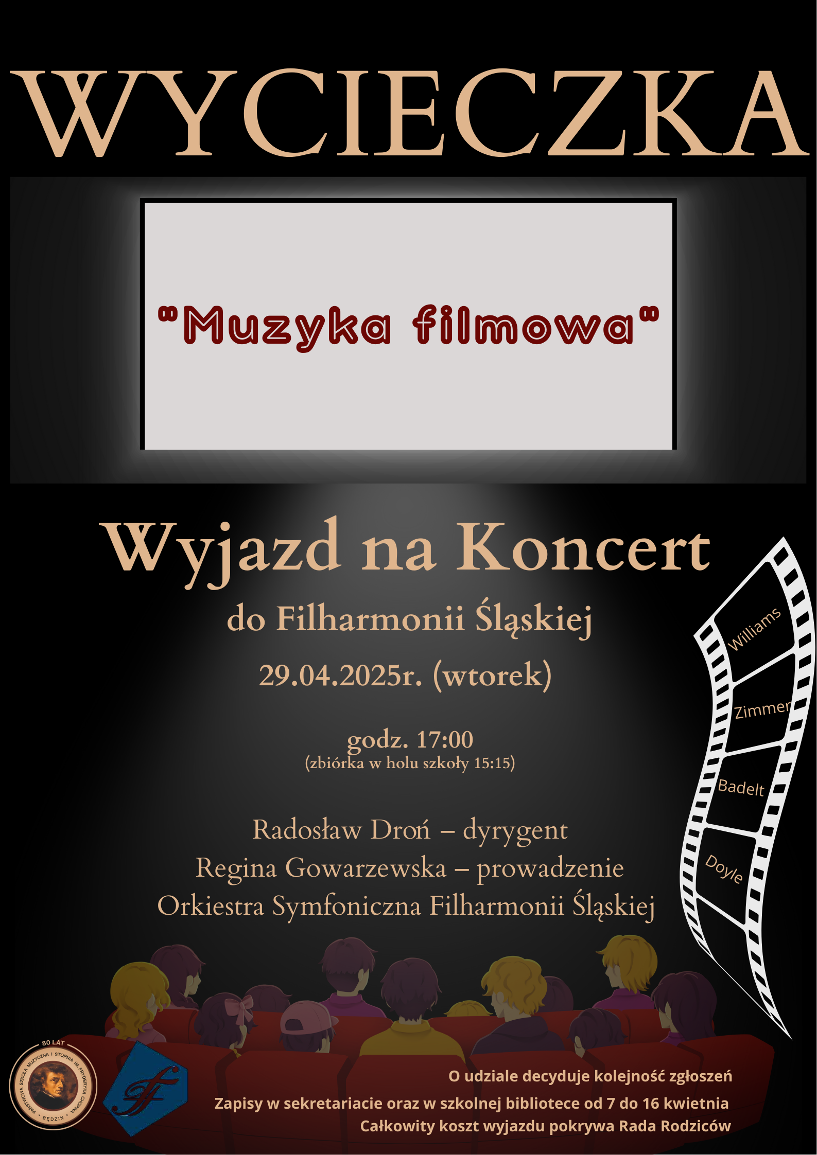 plakat na czarno-szarym tle, na środku opisy, na dole logotypy i ikona widowni