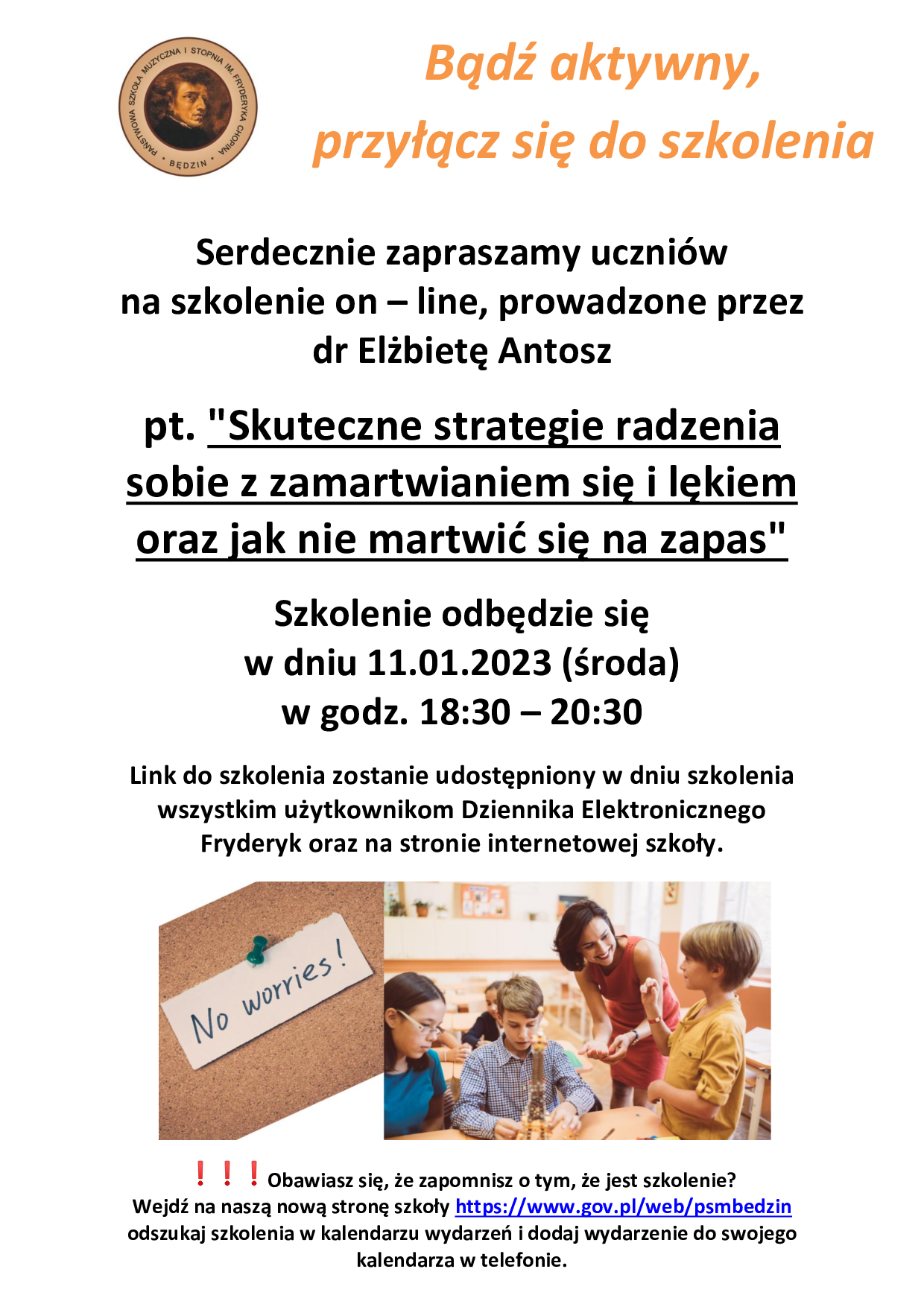 Plakat informujący o szkoleniu dla uczniów, w górnej części hasło zachęcające do udziału oraz logo szkoły, w części centralnej opis szkolenia, w dolnej części zdjęcie dzieci i nauczyciela