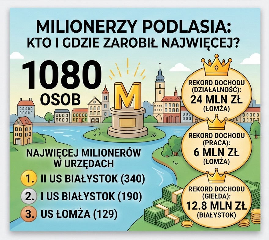 Milionerzy podlasia: kto i gdzie zarobił najwięcej? 1080 osób Najwięcej milionerów w urzędach II US w Białymstoku (340) I US w Białymstoku (190) US w Łomży (129) Rekord dochodu (działalność) - 24 mln zł Rekord dochodu (praca) - 6 mln zł Rekord dochodu (giełda) - 12,8 mln zł