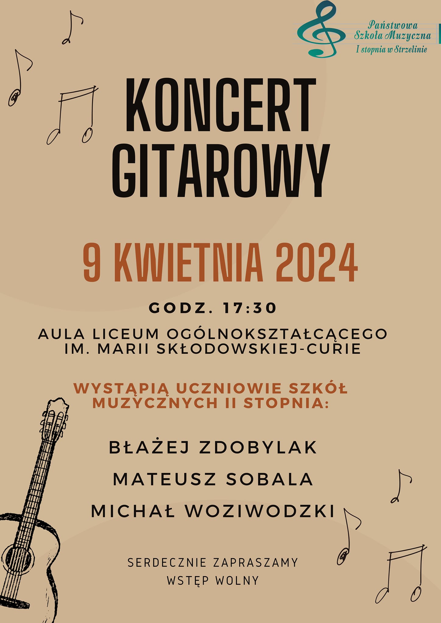 Plakat ma beżowe tło z muzycznymi grafikami. Na środku znajdują się informacje dotyczące wydarzenia. W prawym górnym rogu widnieje logo szkoły. 