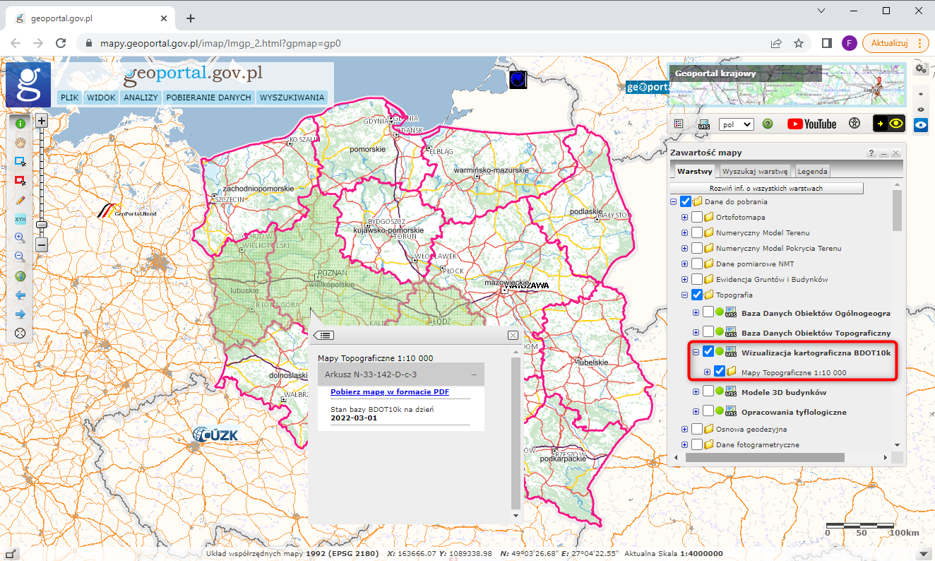 Ilustracja przedstawia zrzut ekranu z serwisu www.geoportal.gov.pl pokazujący w jaki sposób pobrać wizualizacje kartograficzne BDOT10k.