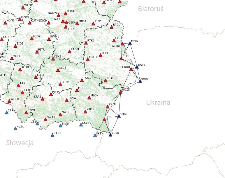 Rysunek przedstawia fragment mapy z lokalizacją ukraińskich stacji referencyjnych GNSS objętych porozumieniem. 