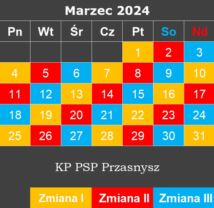 kalendarz zmianowy PSP - marzec 2024