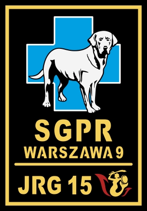 Logo w kształcie czarnej tarczy ze złotym konturem. W górnych narożnikach znajduje się flaga Polski oraz złota sylwetka Syrenki Warszawskiej. Centralną część loga tworzy sylwetka białego psa rasy labrador na tle niebieskiego krzyża równoramiennego. Wokół jest napis Grupa Poszukiwawczo Ratownicza JRG 15 Warszawa.