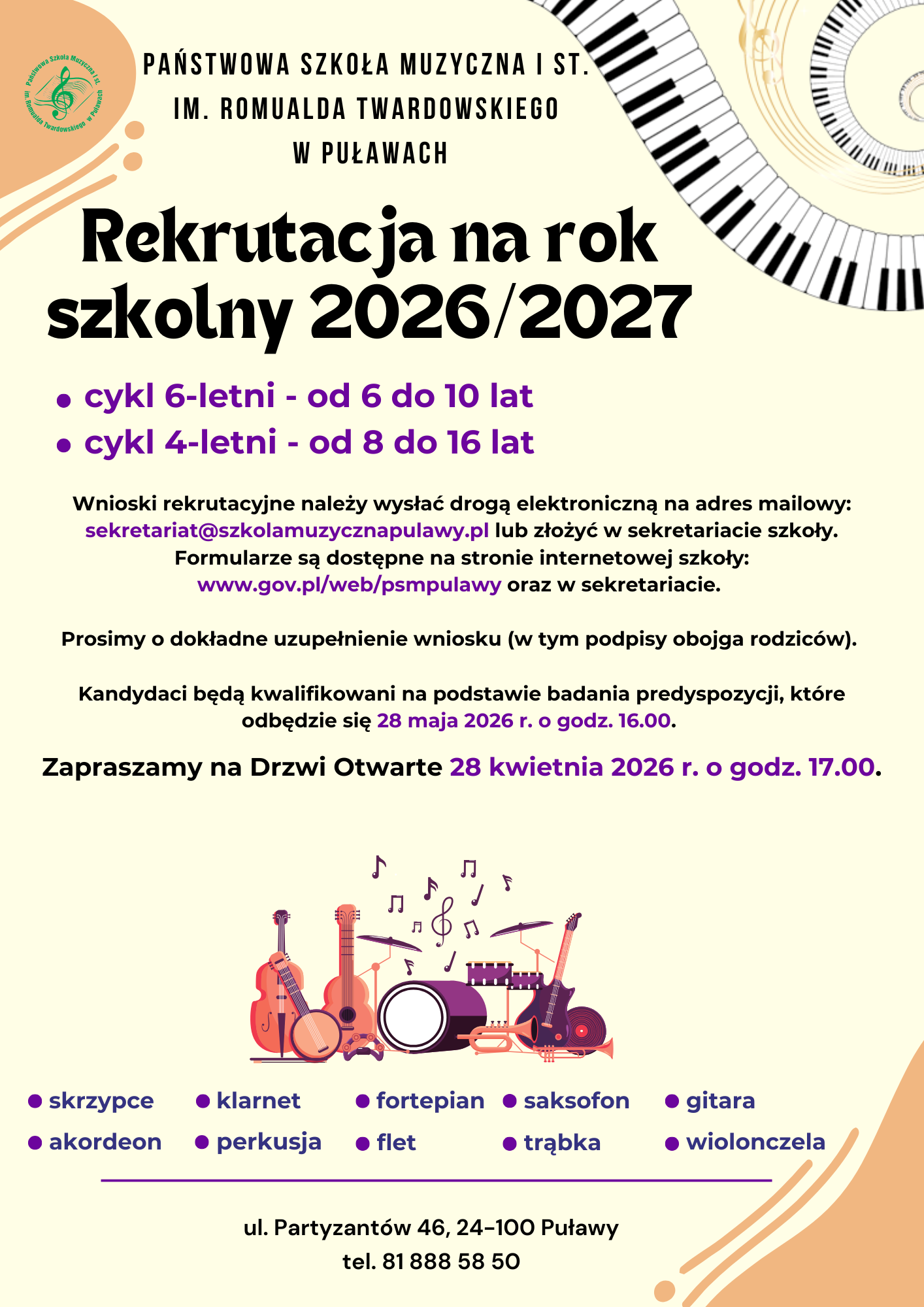 Plakat ze szczegółami rekrutacji w barwach żółto-pomarańczowych i grafiką instrumentów muzycznych. 