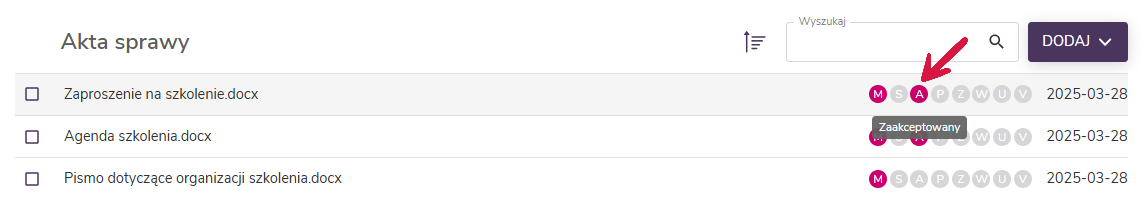 W EZD RP ikony statusu są widoczne m.in. przy dokumentach w sekcji Akta sprawy. Aby poznać znaczenie ikony, należy najechać na nią kursorem myszy, co spowoduje wyświetlenie krótkiego opisu.