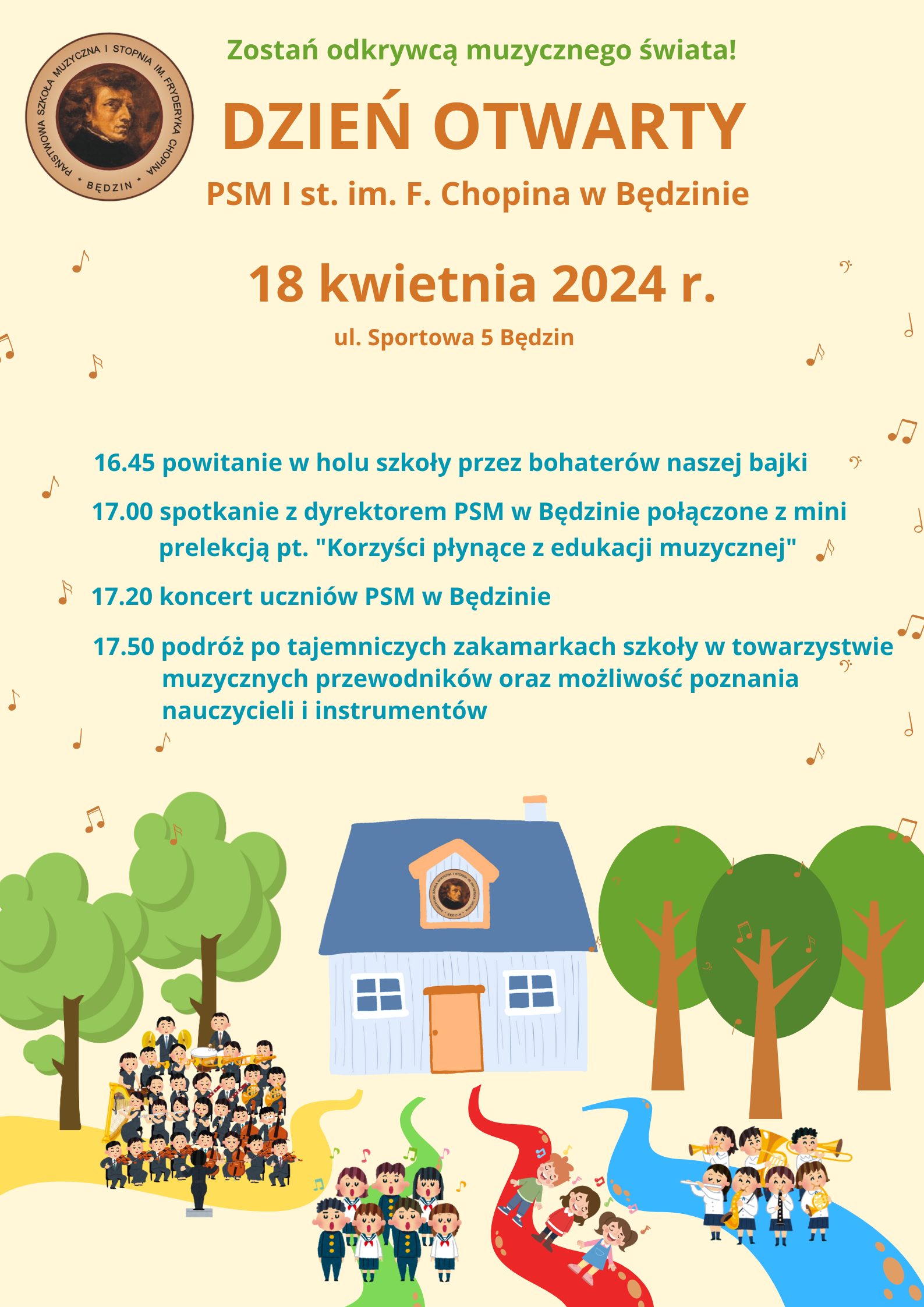 plakat na jasnym kremowym tle, na dole ikony rysunkowe szkoły i dzieci, u góry logo i opis wydarzenia