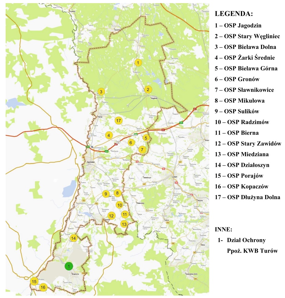 Mapa powiatu z jednostkami OSP spoza KSRG