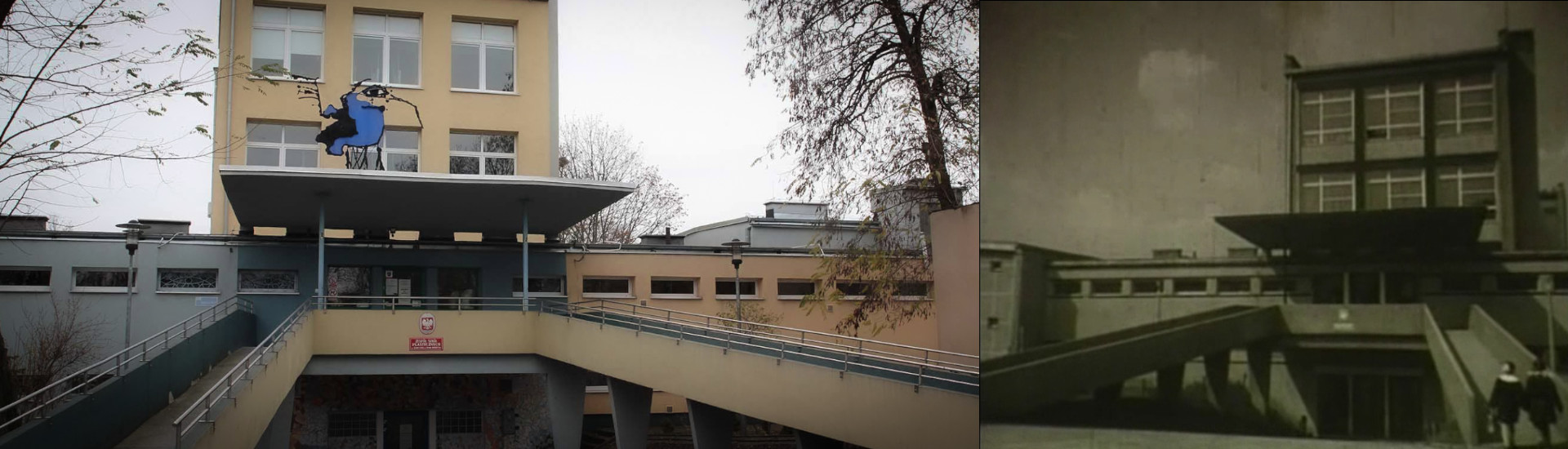 Dwa połączone zdjęcia pokazujące podjazdy do szkoły. Zdjęcie po lewej stronie pokazuje aktualny budynek szkoły, zdjęcie po prawej stronie pokazuje archiwalne zdjęcie z lat sześćdziesiątych.